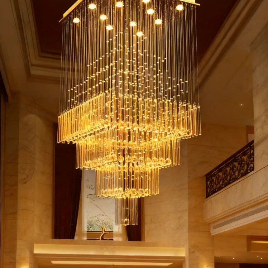 Square Crystal Waterfall Staircase Chandelier