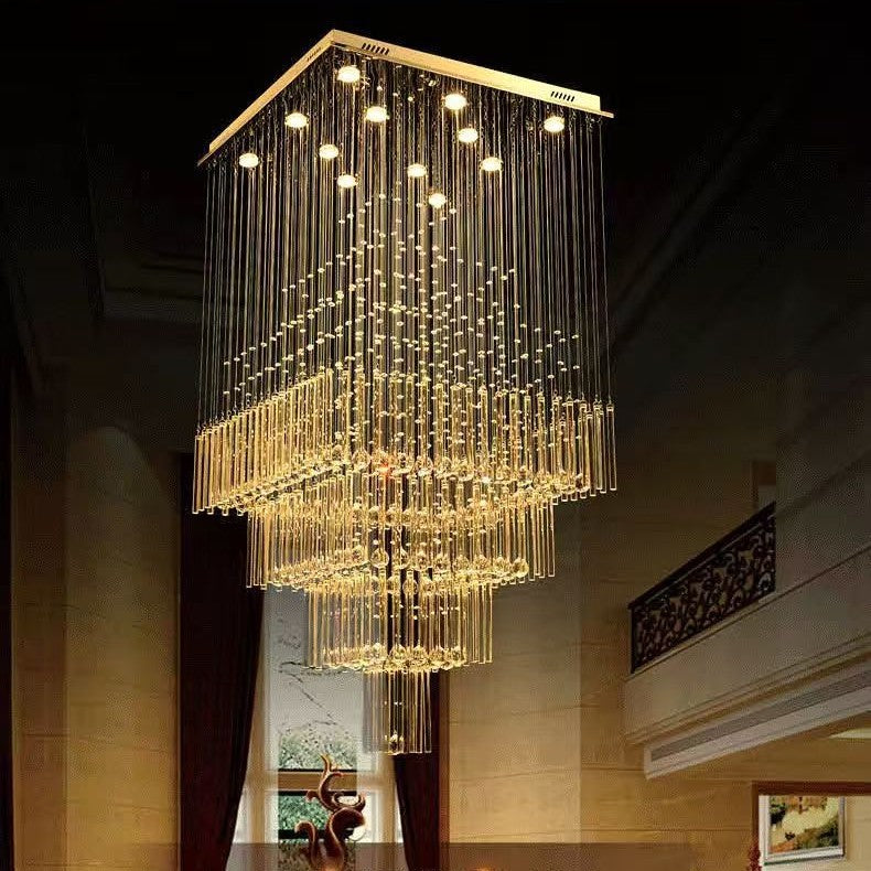 Square Crystal Waterfall Staircase Chandelier